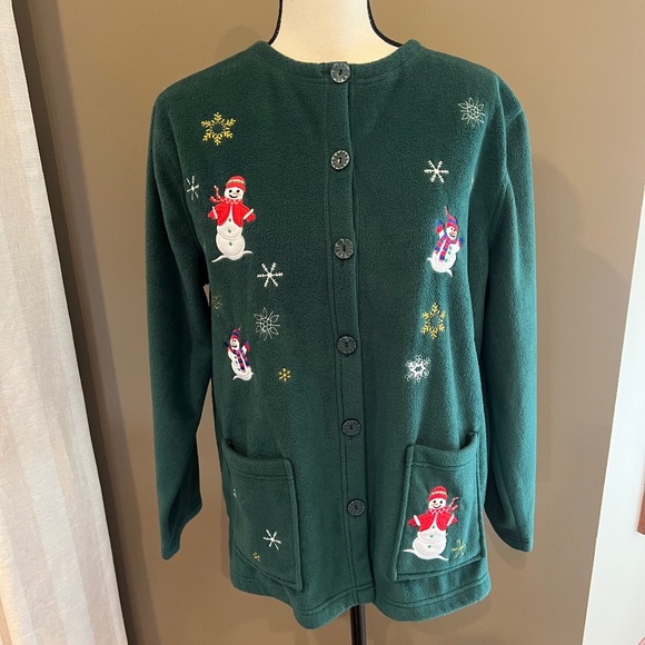 Bobbi Brooks Forest Green Snowman Christmas Fleece Cardigan, Size Large - Picture 1 of 11